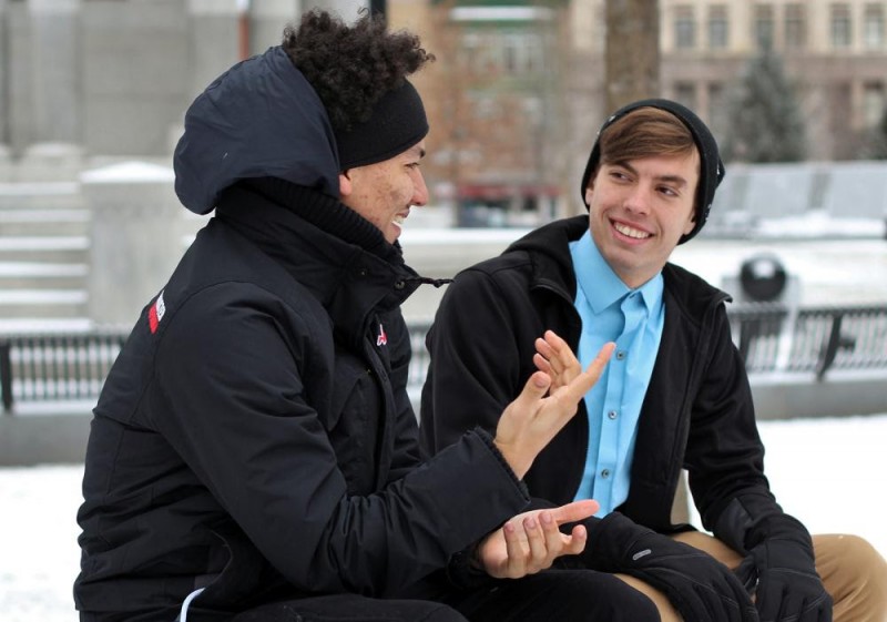 two men talking